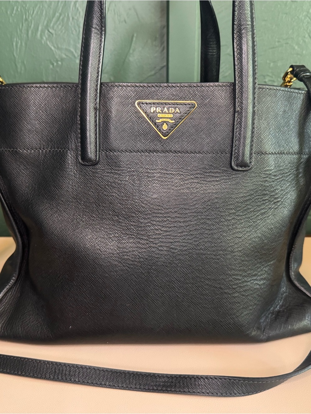 Authentic PRADA Black Saffiano Cuir Soft Leather Triple Pocket Tote